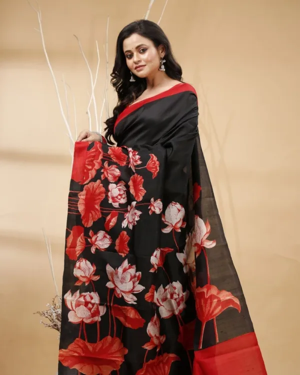 Nakshipar's Red Lotus Print on Black Tussar Saree