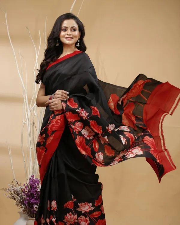 Red Lotus Print on Black Tussar Saree
