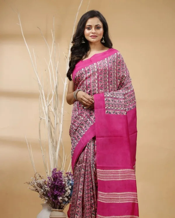 Nakshipar's Gray & Magenta Abstract Print Tussar Saree