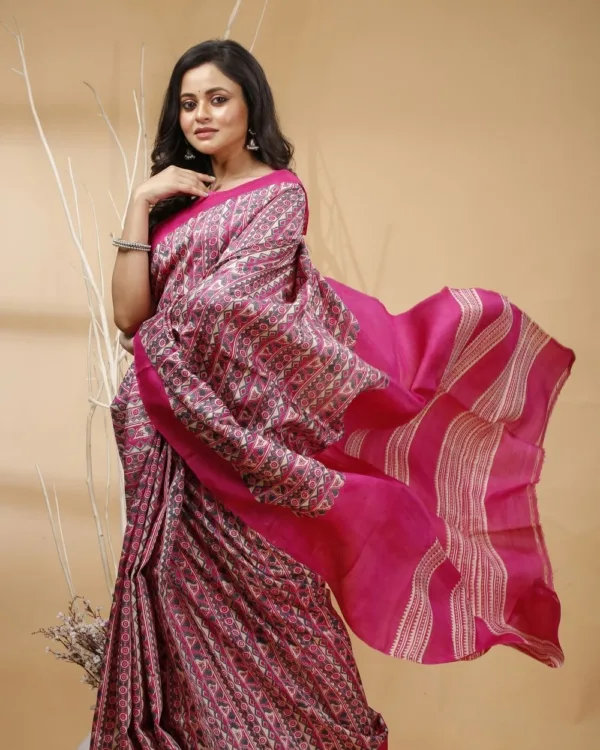 Nakshipar's Gray & Magenta Abstract Print Tussar Saree