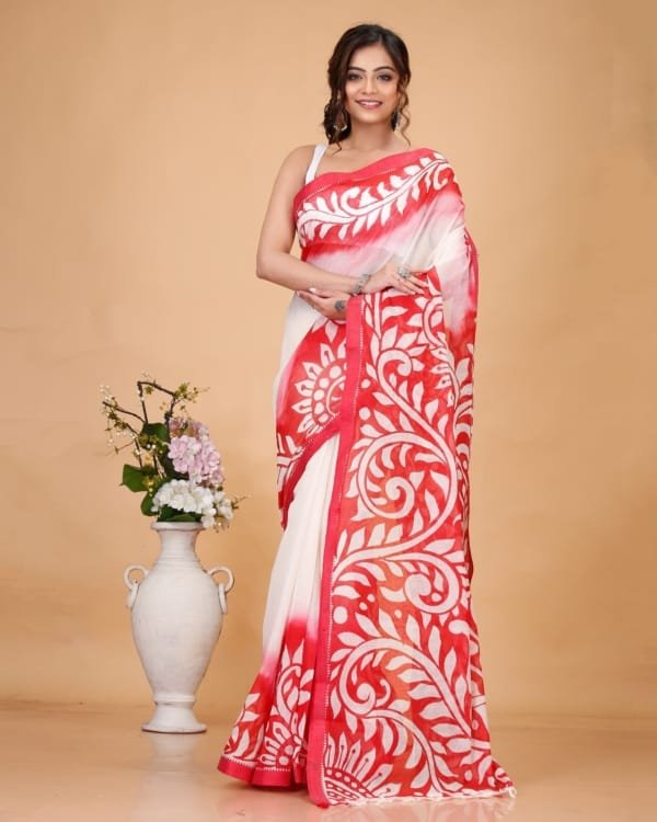 Nakshipar Cotton Red and White  Color Saree without blouse piece