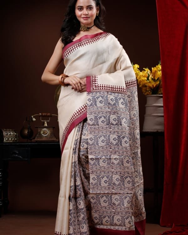 Nakshipar Block Printed Tussar Saree