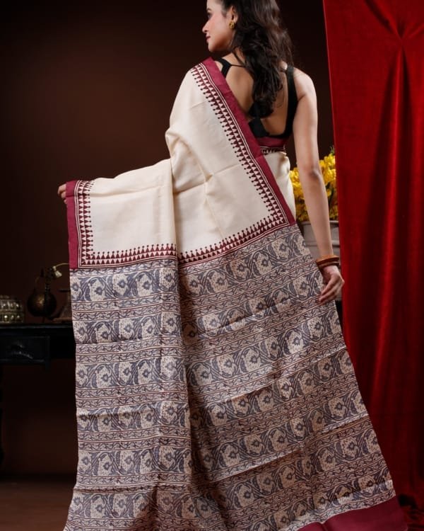 Nakshipar Block Printed Tussar Saree