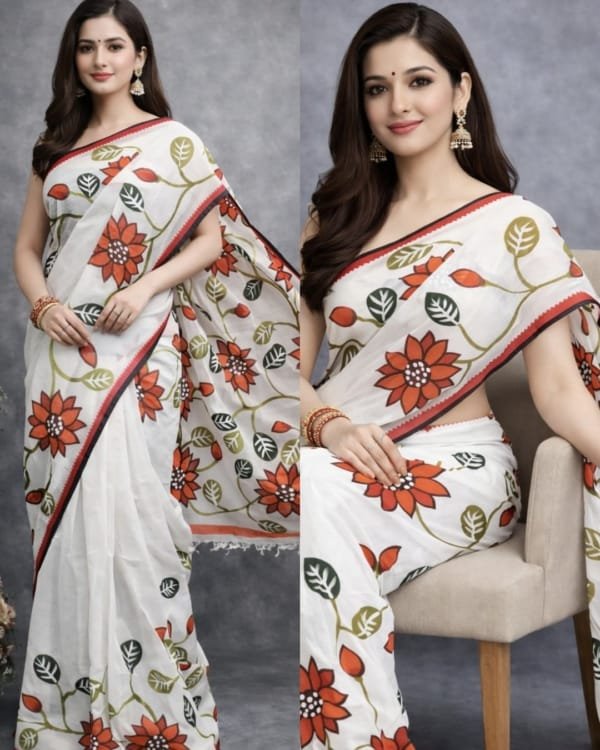 Multicolour Floral Handpainted Cotton Saree