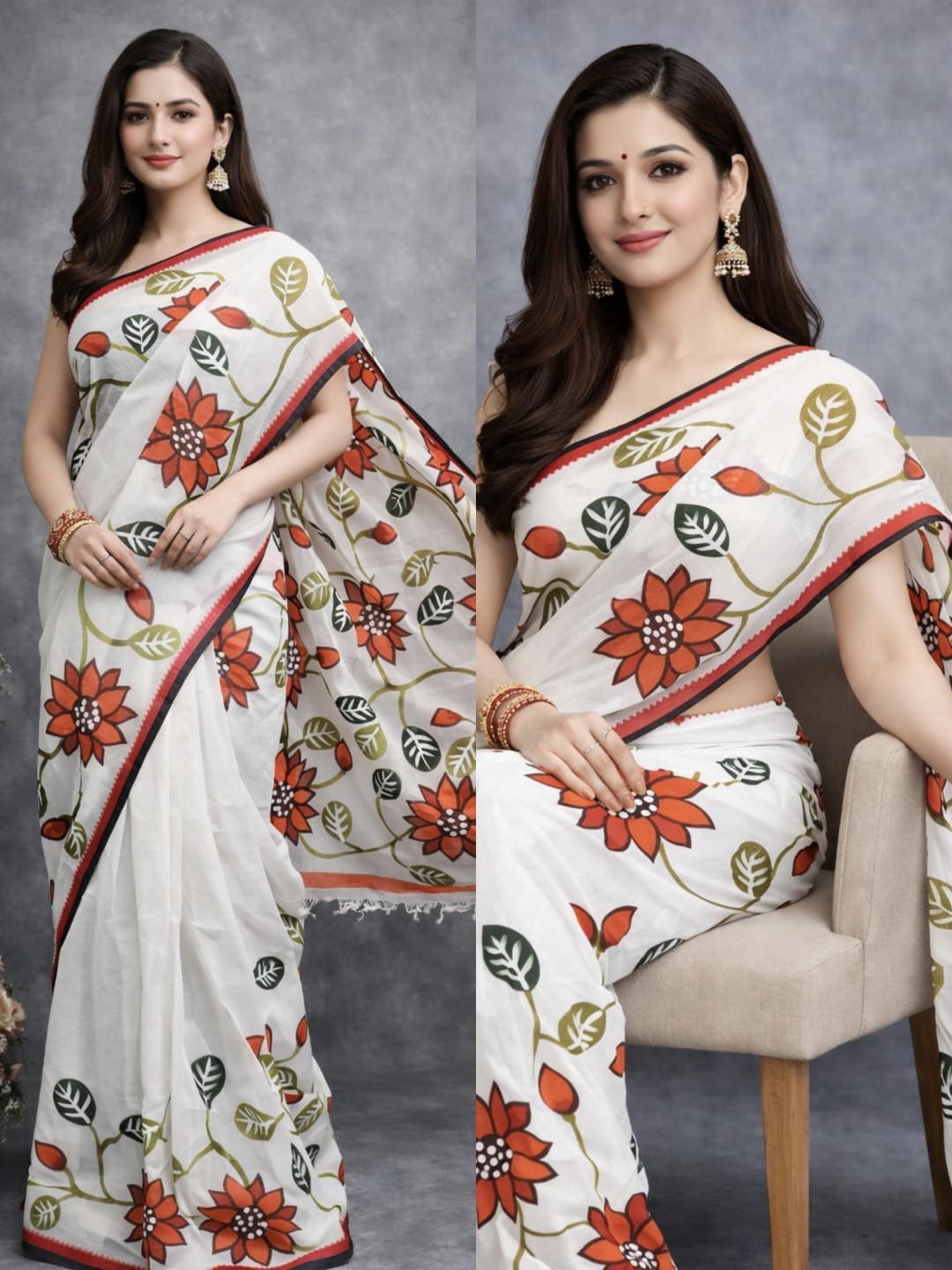 Multicolour Floral Handpainted Cotton Saree