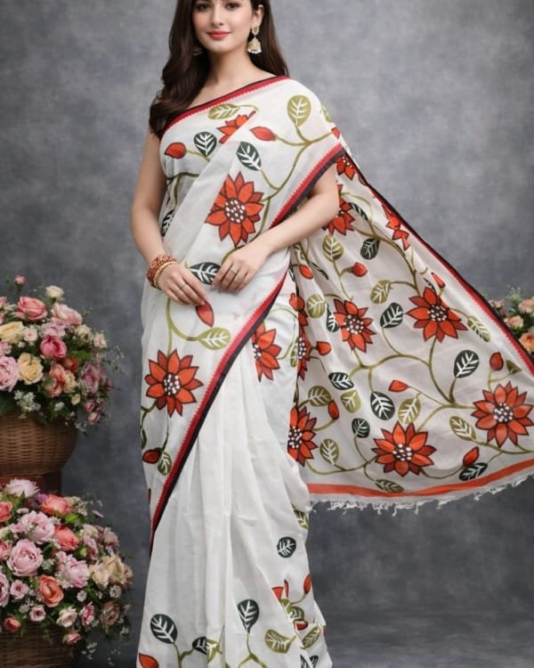Multicolour Floral Handpainted Cotton Saree