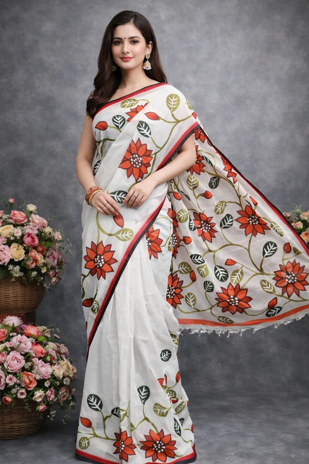 Multicolour Floral Handpainted Cotton Saree