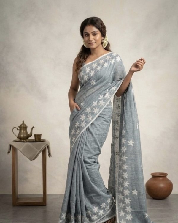 Gray Cotton Applique Saree
