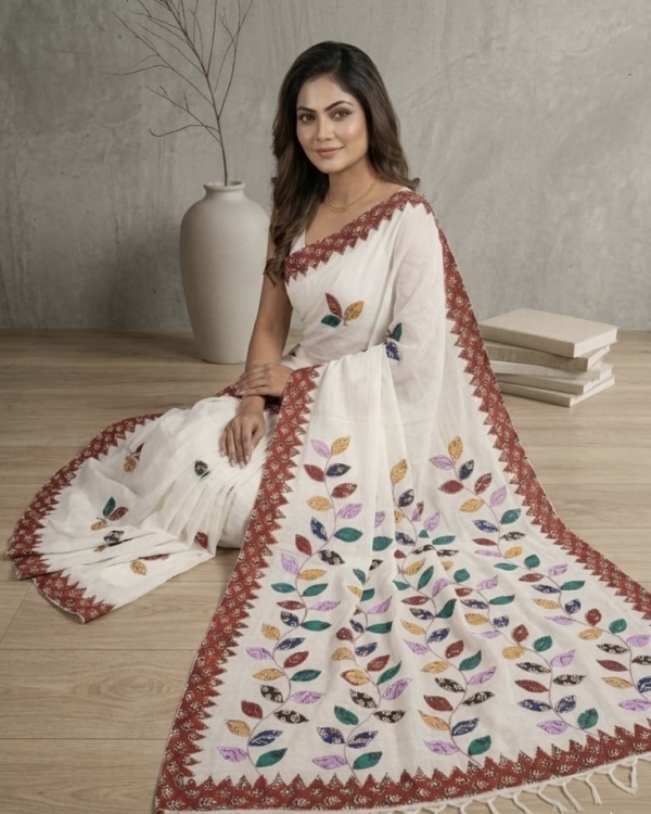 Cotton Pagely Applique Saree