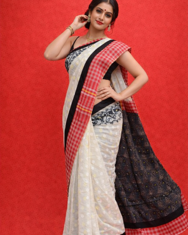 Cotton Dhakai Jamdani Saree with Gamcha Border